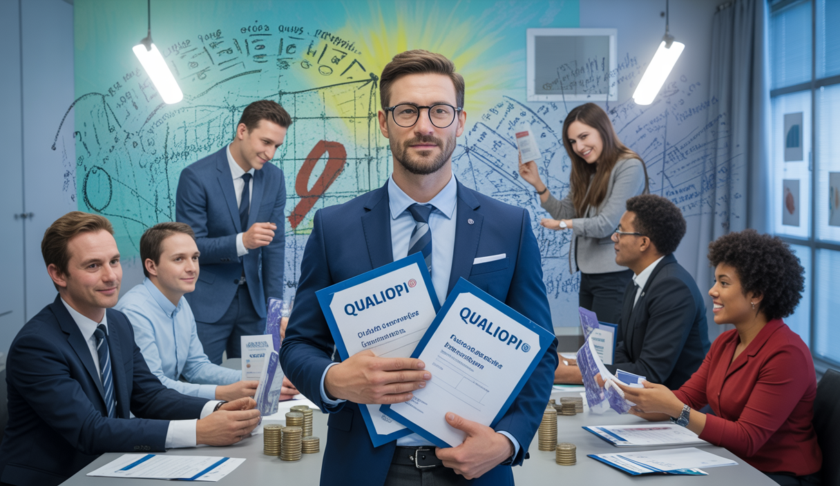 Illustration vibrante sur la certification Qualiopi, montrant son impact sur l'accès à la formation professionnelle et le financement des entreprises