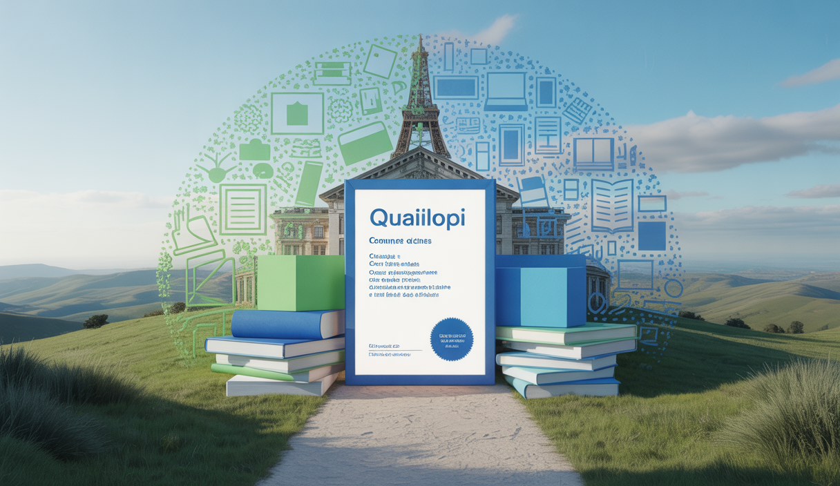 Représentation visuelle de la certification Qualiopi pour le contrôle de qualité et gestion des ressources pédagogiques en France.